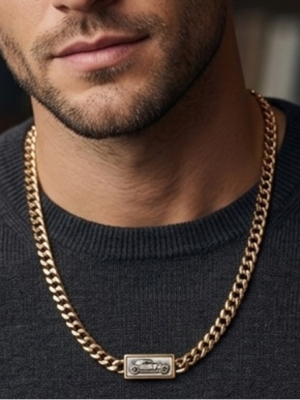 Tailored Male Gold Curb Chain Necklace with Classic Car